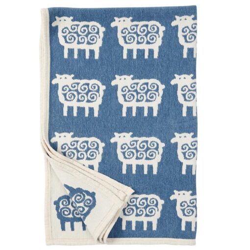 ledikantdeken blauw katoen schapen klippan