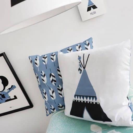 kussen blauw tipi indianen veren kinderkamer