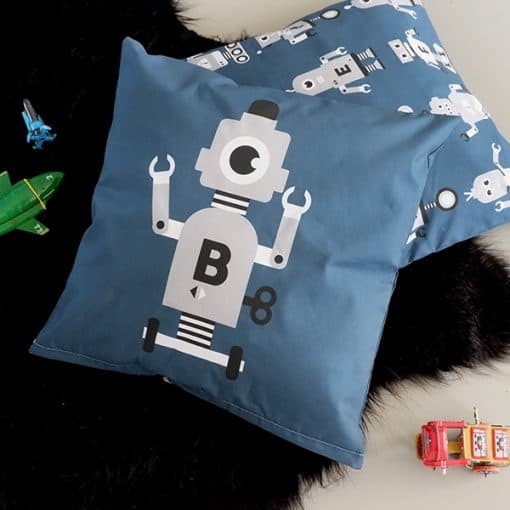 kussen robot blauw grijs kinderkamer