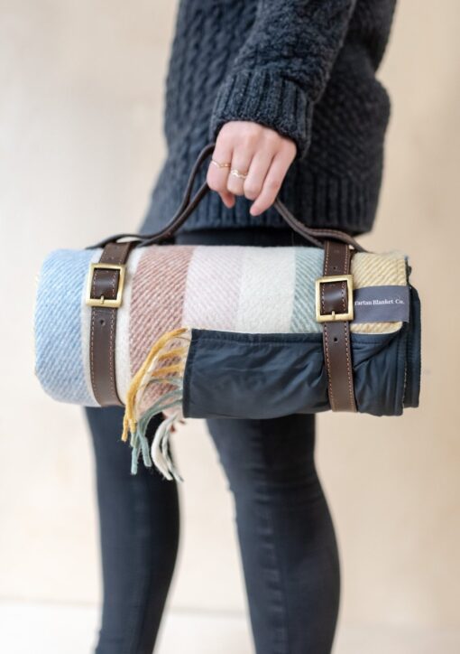 Wollen picknickkleed strepen geel groen blauw beige