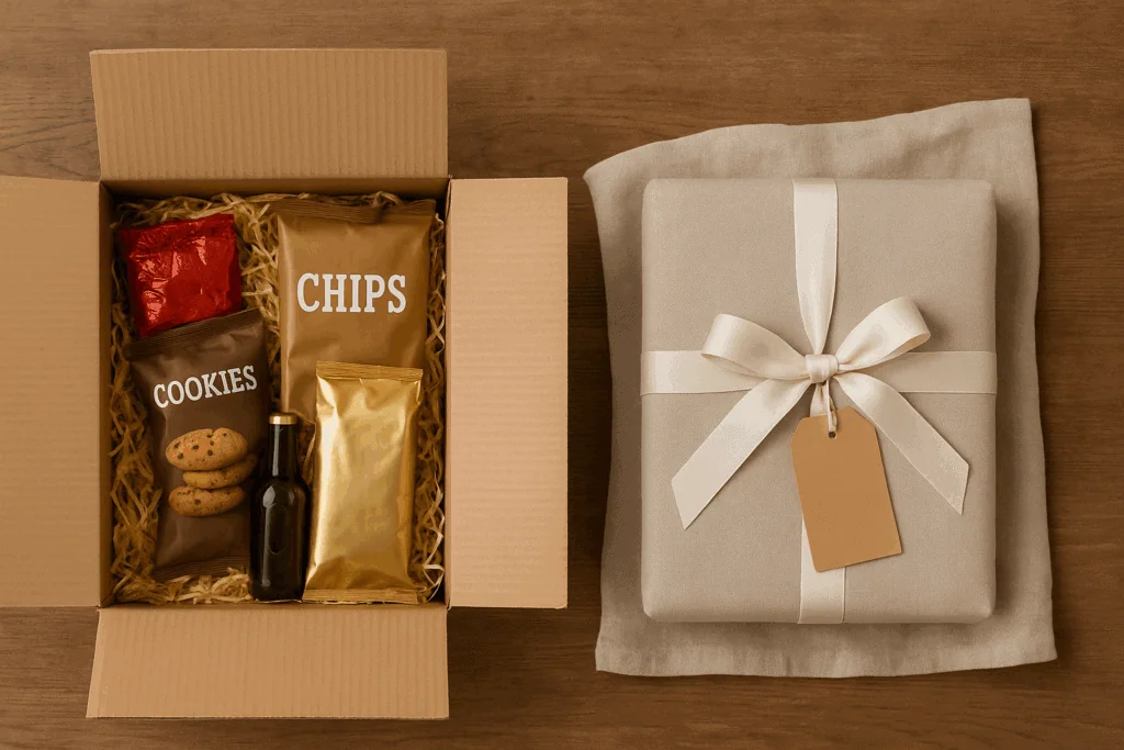 een traditioneel kerstpakket en een mooi ingepakt Comfort Cadeau