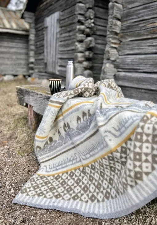 lamswollen plaid okergeel bruin grijs klippan bohus autumn